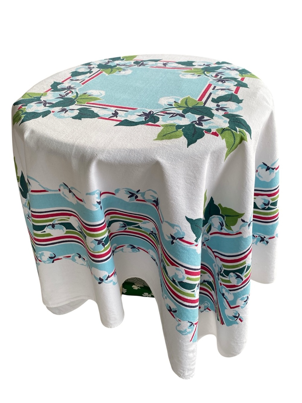 VINTAGE 1940s/50s Cotton Tablecloth - Blue Floral Border approx 47x52 - Picture 4 of 8
